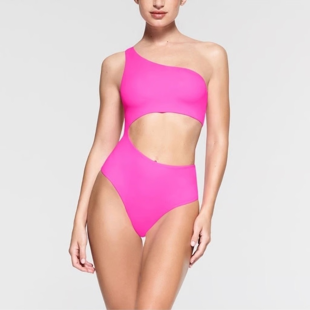 Skims Fits Everybody Cut Out One Shoulder Bodysuit Neon Pink NWOT